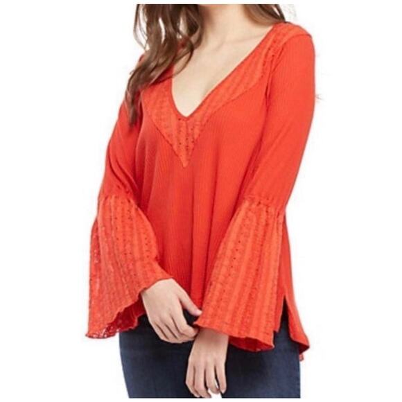 Free People Parisian Nights Top in vermillion with bell sleeves small - Picture 1 of 7